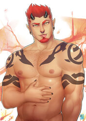  1boy abs arm_tattoo artist_logo artist_name bara black_nails chest_hair demon demon_horns earrings facial_hair hairy highres horns hot jewelry large_pectorals looking_at_viewer male_focus manboobs manly mature_male muscular muscular_male navel_hair nipples original pectorals red_eyes redgart sam_(red_gart) short_hair simple_background solo spiked_hair stubble tattoo tongue tongue_out upper_body yellow_eyes 