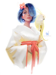  bird blue_eyes blue_hair earrings english_commentary female flower hair_flower hair_ornament jewelry lips looking_at_viewer original ross_tran short_hair simple_background solo white_background 