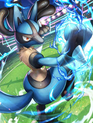  1other absurdres bad_id bad_pixiv_id commentary energy falling_leaves furry grass highres koyama_miki leaf light lucario night orange_eyes pokemon pokemon_(creature) solo spikes stadium standing standing_on_one_leg 