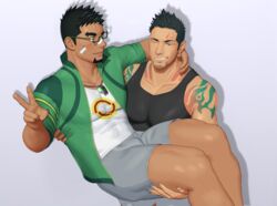  2boys arm_tattoo bandaid bandaid_on_cheek bandaid_on_face bandaid_on_nose bara black_hair black_tank_top blush carrying dark-skinned_male dark_skin facial_hair facial_mark glasses green_hair green_jacket grey_shorts gyee high_collar interracial jacket jashin_doruton kyoichi_(live_a_hero) large_pectorals live_a_hero looking_at_another looking_at_viewer male_focus multicolored_hair multiple_boys muscular muscular_male one_eye_closed open_clothes open_jacket pectorals priapus priapus_a._tarou princess_carry shirt short_hair shorts sideburns smile streaked_hair tank_top tattoo teeth v whistle whistle_around_neck white_shirt yaoi 