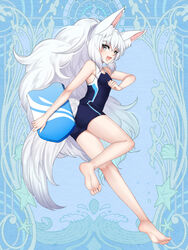  :d animal_ear_fluff animal_ears barefoot blue_background breasts chitose_sakura_(dairoku_youhei) competition_swimsuit dairoku_ryouhei feet female full_body grey_eyes highres holding_kickboard kickboard legs long_hair looking_at_viewer one-piece_swimsuit small_breasts smile soles solo swimsuit tail toes very_long_hair yodukir 