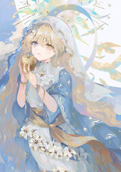  apple blue_eyes blue_theme broken cloud cloudy_sky colored_tears commentary crack cracked_skin crying crying_with_eyes_open dress female flower food frown fruit fur heterochromia holding holding_food holding_fruit hyatsu long_hair looking_at_viewer original print_dress sad silk sky solo symbol-only_commentary tears veil very_long_hair wavy_hair white_flower yellow_eyes 