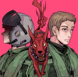  ace_combat ace_combat_zero armor blue_eyes brown_hair canid canid_demon canine chains cipher_(ace_combat_zero) cipher_(character) collar demon feral flight_helmet flight_suit galm_(ace_combat_zero) hair headgear hellhound helmet hi_res human male mammal mythological_canine mythological_creature mythology pixy_(ace_combat_zero) red_body spiked_collar spikes unknown_artist yellow_eyes 