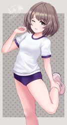  ;d blue_buruma blue_eyes blush breasts brown_hair buruma dated female flick_(sal23) gym_shirt gym_shorts gym_uniform highres idolmaster idolmaster_cinderella_girls leg_up looking_at_viewer medium_breasts mole mole_under_eye no_socks one_eye_closed open_mouth pink_footwear polka_dot polka_dot_background shirt shoes short_hair shorts signature smile sneakers solo takagaki_kaede thighs 