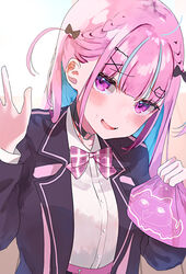  black_choker black_jacket blazer blue_hair blunt_bangs blush bow bowtie cat_hair_ornament choker collared_shirt colored_inner_hair female furrowed_brow hair_ornament hairclip hand_up highres holding hololive jacket kashio_(92984798) long_hair long_sleeves looking_at_viewer minato_aqua minato_aqua_(school_uniform) multicolored_hair o-ring o-ring_choker official_alternate_costume open_clothes open_jacket open_mouth pink_bow pink_bowtie pink_hair plaid plaid_bow plaid_bowtie purple_eyes school_uniform shirt sidelocks solo streaked_hair sweat two_side_up upper_body virtual_youtuber white_shirt wrapped_bento x_hair_ornament 