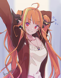  ahoge arm_behind_head arm_up blonde_hair breasts camisole dragon_girl dragon_horns female gold_necklace hololive horns jacket jewelry kiryu_coco kiryu_coco_(loungewear) kyou_fumei large_breasts long_hair looking_at_viewer multicolored_hair necklace official_alternate_costume orange_hair pointy_ears red_eyes red_jacket streaked_hair twintails virtual_youtuber white_camisole 