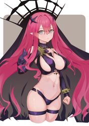  absurdres baobhan_sith_(fate) baobhan_sith_(second_ascension)_(fate) bare_shoulders black_panties bracelet breasts bridal_gauntlets detached_sleeves fate/grand_order fate_(series) female grey_eyes highres jewelry large_breasts long_hair looking_at_viewer navel panties pink_hair pointy_ears revealing_clothes sidelocks solo spiked_bracelet spikes thigh_strap thighs tiara underwear ura_illust veil 