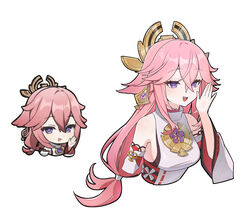  absurdres animal_ears bad_id bad_pixiv_id bare_shoulders breasts chibi cropped_torso detached_sleeves earrings female fox_ears genshin_impact genshin_impact_sticker_redraw_(meme) hair_between_eyes hair_ornament hand_up highres japanese_clothes jewelry long_hair long_sleeves meme mo_(mo80_rr) open_mouth pink_hair purple_eyes reference_inset smile solo teeth upper_body upper_teeth_only very_long_hair wide_sleeves yae_miko 