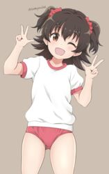  ;d akagi_miria alternate_costume ass_visible_through_thighs black_hair blush buruma commentary double_w female gym_shirt gym_uniform hair_ornament hair_scrunchie highres idolmaster idolmaster_cinderella_girls looking_at_viewer one_eye_closed panties panties_under_buruma panty_peek red_buruma scrunchie shirt short_sleeves simple_background smile solo tamayan twitter_username two_side_up underwear w 