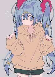  3774. blue_eyes blue_hair blush_stickers brown_hoodie constricted_pupils cowboy_shot female green_shorts grey_background hair_ornament hairclip hands_up hatsune_miku highres hood hoodie long_hair long_sleeves looking_at_viewer nail_polish notice_lines pinching_sleeves red_nails red_scrunchie scrunchie shorts simple_background sleeves_past_wrists solo twintails very_long_hair vocaloid x_hair_ornament 