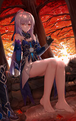  absurdres autumn autumn_leaves bare_shoulders barefoot black_footwear black_gloves blue_sleeves bow breasts cup detached_sleeves feet female gloves gold_trim gradient_hair hair_between_eyes hair_ribbon high_ponytail highres holding holding_cup honkai:_star_rail honkai_(series) jewelry jingliu_(honkai:_star_rail) legs light_smile multicolored_clothes multicolored_footwear multicolored_hair multicolored_sleeves orange_tree red_bow red_eyes ribbon ring rock sitting sitting_on_rock skirt skym_(kumei) small_breasts soaking_feet solo sunlight tassel teacup thighs toe_dipping toenails toes water white_hair white_skirt 