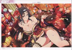  absurdres architecture bare_shoulders black_hair box breasts brown_eyes chest_of_drawers chrysanthemum cleavage collarbone drawer east_asian_architecture eyewear_on_head falling_petals female floral_print flower folding_screen hair_flower hair_ornament hairband highres holding holding_smoking_pipe indoors japanese_clothes jasmine_(senran_kagura) jewelry kimono lantern large_breasts loaded_interior long_hair looking_at_viewer lying obi official_art on_floor on_side page_number panties parted_lips petals pink_flower red_flower sash scan senran_kagura senran_kagura_estival_versus senran_kagura_new_link shiny_skin smile smoking_pipe solo sunglasses tabako-bon tabi tassel thigh_strap thighs underwear white_flower wide_sleeves wooden_floor wooden_lantern yaegashi_nan 