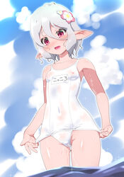  adjusting_clothes adjusting_swimsuit antenna_hair blue_sky blush breasts cameltoe cloud cloudy_sky commentary covered_navel covered_nipples cowboy_shot crotch_seam day elf female flower frown grey_hair hair_flower hair_ornament kohsaka_jun kokkoro_(princess_connect!) looking_at_viewer name_tag old_school_swimsuit one-piece_swimsuit open_mouth outdoors pink_flower pointy_ears princess_connect! purple_eyes school_swimsuit see-through short_hair sky small_breasts solo sparkle standing swimsuit wading water wet white_one-piece_swimsuit 