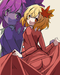  aki_shizuha ass blonde_hair brown_background closed_mouth commentary_request creek_(moon-sky) curtsey female from_behind highres jacket long_skirt long_sleeves looking_at_viewer looking_back open_clothes open_jacket orange_eyes red_jacket red_skirt simple_background skirt skirt_hold smile solo touhou zoom_layer 