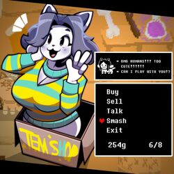  anthro bottomless box breasts brown_eyes cat_smile cleavage clothed clothing container dialogue domestic_cat felid feline felis female fur gameplay_mechanics grey_hair hair human_fetish letherisreal mammal pattern_clothing pattern_sweater pattern_topwear smile solo striped_clothing striped_sweater striped_topwear stripes sweater talking_to_viewer temmie_(undertale) topwear undertale undertale_(series) white_body white_fur 