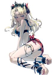  absurdres alternate_costume anklet bikini black_bikini blonde_hair blush breasts commentary_request earrings ereshkigal_(fate) fate/grand_order fate_(series) female hair_ribbon highres jewelry long_hair looking_at_viewer medium_breasts mochi_upamo parted_bangs red_eyes red_nails red_ribbon red_sarong ribbon sandals sarong simple_background sitting solo sweat swimsuit toenails toes two_side_up white_background yokozuwari 