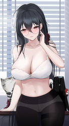  absurdres ahoge azur_lane black_bow black_hair bow bowtie bra breasts character_doll crossed_bangs feline female highres honolulu_(azur_lane) honolulu_(umbrella_girl)_(azur_lane) huge_ahoge large_breasts looking_at_viewer loose_bowtie navel official_alternate_costume pantyhose red_eyes round_eyewear solo stomach taihou_(azur_lane) taihou_(sweet_time_after_school)_(azur_lane) underwear white_bra wo_meiyou_mao 