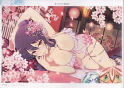  absurdres armpits babydoll ball barefoot blush breasts cherry_blossoms cleavage collarbone female finger_to_mouth flower folded_ponytail glasses hair_ornament highres indoors lantern large_breasts lingerie long_hair looking_at_viewer lying midriff mole mole_on_breast nail_polish navel official_art on_side page_number panties parted_lips petals purple_hair red-framed_eyewear red_eyes rin_(senran_kagura) scan see-through senran_kagura senran_kagura_new_link shiny_skin sliding_doors smile solo temari_ball thigh_strap thighs toes underwear yaegashi_nan 