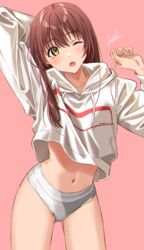  arm_behind_head arms_up brown_eyes brown_hair female grey_panties highres hood hoodie kukiha long_hair looking_at_viewer navel one_eye_closed open_mouth original panties signature solo stretching tearing_up underwear white_hoodie 