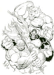  2007 abs anthro ape axe bruno_rhynox facial_horn fur gor_(tomcat) gorilla greyscale group haplorhine horn humanoid inked male mammal monochrome muscular muscular_anthro muscular_male nipples nose_horn orc pecs pose primate rhinoceros scar signature tkd_dbull trassk trio tusks 