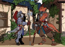  alley anthro armor axe biped canid canine canis domestic_dog dragonborn_(dnd) dungeons_and_dragons duo facial_scar female halberd hasbro hi_res horn husky jaclyn_(revertigo) kareed knight lamellar_armor leaning_on_object male mammal melee_weapon nordic_sled_dog plant plate_armor plume polearm scar scrapheap_(artist) shaded spitz sword village warrior weapon wizards_of_the_coast wolf 