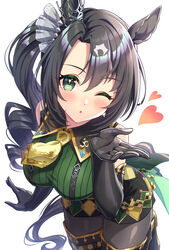  ;o animal_ears ascot black_gloves black_hair black_pantyhose blowing_kiss breasts commentary_request crown female gloves green_eyes grey_ribbon hair_ribbon heart highres horse_ears horse_girl long_hair looking_at_viewer medium_breasts one_eye_closed pantyhose partial_commentary ribbon satono_crown_(umamusume) side_ponytail simple_background solo tomo_(tmtm_mf_mf) umamusume white_background yellow_ascot 