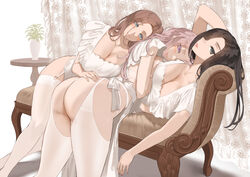  3girls apron ass bent_over black_hair blue_eyes blush breasts brown_hair chaise_longue cleavage edea_(throtem) garter_straps grey_eyes grin highres large_breasts long_hair looking_at_viewer lying lying_on_another maid martha_(throtem) multiple_girls naked_apron original parted_hair pink_hair profile purple_eyes rosemary_(throtem) smile square_neckline thighhighs thong throtem underwear white_apron white_thighhighs 