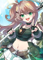  absurdres artist_name bare_shoulders belt breasts brown_hair collar collarbone cowboy_shot crop_top elsword female fingerless_gloves gloves hair_ornament highres holding holding_pickaxe icedango_(dpopic3) lithia_beryl_(elsword) medium_breasts midriff one_side_up open_mouth outdoors pickaxe skirt sky solo v white_skirt x_hair_ornament 