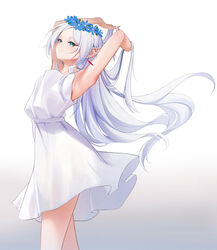  armpits arms_up bare_arms blue_flower closed_mouth cowboy_shot dress earrings elf female floating_hair flower frieren from_side gradient_background green_eyes head_wreath highres jewelry liu_liaoliao long_hair pointy_ears simple_background sleeveless sleeveless_dress solo sousou_no_frieren standing very_long_hair white_dress white_hair 