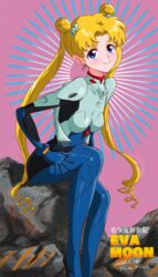  absurdres bishoujo_senshi_sailor_moon blonde_hair blue_eyes bodysuit cosplay double_bun earrings female hair_bun highres ikari_shinji ikari_shinji_(cosplay) interface_headset jewelry long_hair looking_at_viewer multicolored_bodysuit multicolored_clothes neon_genesis_evangelion pilot_suit plugsuit purple_background rubble sitting sunburst sunburst_background tsukino_usagi tsunemoku twintails 