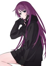  alternate_costume arril100 black_hoodie black_mask blue_eyes commentary_request eyelashes feet_out_of_frame female hand_up highres hood hood_down hoodie long_hair long_sleeves looking_at_viewer mask mask_pull monogatari_(series) mouth_mask no_pants parted_bangs parted_lips purple_hair senjougahara_hitagi sidelocks simple_background sleeves_past_wrists solo standing standing_on_one_leg thighs white_background 