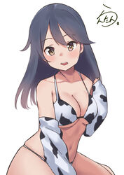  absurdres ahoge animal_print artist_logo bikini black_hair breasts brown_eyes cleavage commentary_request cow_print cow_print_bikini detached_sleeves female highres kantai_collection kneeling lanthan large_breasts long_hair looking_at_viewer print_bikini simple_background solo swimsuit ushio_(kancolle) white_background white_bikini 