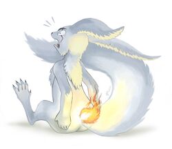  ambiguous_gender anthro ass big_butt bodily_fluids burning butt_on_fire facial_scar fire fur hand_on_butt lagomorph leporid long_tail mammal open_mouth pain rabbit scar solo tail tears twarda8 white_body white_fur 