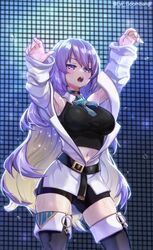  arms_up belt black_belt black_choker black_shorts blonde_hair boots breasts choker colored_inner_hair crop_top female gradient_hair highres hololive hololive_indonesia jacket large_breasts long_hair lw_goombang midriff moona_hoshinova moona_hoshinova_(1st_costume) multicolored_hair nail_polish navel purple_eyes purple_hair shorts starry_hair sweat thigh_boots twitter_username virtual_youtuber white_jacket 