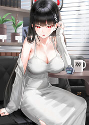  alternate_costume bare_shoulders black_hair black_halo blue_archive blunt_bangs blush bow breasts bright_pupils cleavage collarbone commentary couch cup dongtan_dress dress female grey_dress hair_ornament hairclip halo highres indoors kfr large_breasts long_hair looking_at_viewer meme_attire on_couch parted_lips plant potted_plant red_bow red_eyes rio_(blue_archive) sitting sleeves_past_wrists solo very_long_hair white_pupils 