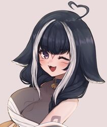  :3 absurdres ahoge bell belt_collar black_hair blue_collar blush body_markings braid breasts cleavage collar facial_mark female hair_over_shoulder heart heart_ahoge highres indie_virtual_youtuber large_breasts long_hair multicolored_hair neck_bell one-piece_swimsuit one_eye_closed open_mouth orca_girl purple_eyes see-through see-through_cleavage see-through_shirt see-through_swimsuit shirt shylily shylily_(3rd_costume) simple_background sky_above_me smile streaked_hair swimsuit twin_braids upper_body v_arms virtual_youtuber whale_girl white_hair 