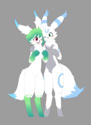  2023 3_fingers 3_toes anthro arm_on_shoulder belly black_nose blue_body blue_eyes blue_fur blush cheek_tuft countershade_belly countershading cream_(umbreon) dark_body daww duo eeveelution facial_tuft feet female fingers fur generation_2_pokemon generation_4_pokemon green_body green_fur grey_background grey_body grey_fur hi_res honey_(shaymin) legendary_pokemon looking_at_another male nintendo open_mouth paws pokemon pokemon_(species) pose red_eyes reverse_countershading shaymin simple_background sky_forme_shaymin splashjc1 toes tongue tuft umbreon white_body white_fur 