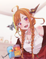  ahoge beer_can blonde_hair braid breasts camisole can dragon_girl dragon_horns drink_can female holding holding_can hololive horns jacket kiryu_coco kiryu_coco_(loungewear) kyou_fumei large_breasts looking_at_viewer multicolored_hair oerba_yun_fang official_alternate_costume open_mouth orange_hair pointy_ears red_eyes red_jacket skin_fang smile streaked_hair twin_braids virtual_youtuber white_camisole zipper zipper_pull_tab 