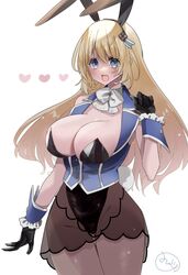  adapted_costume animal_ears atago_(kancolle) black_gloves black_leotard blonde_hair blue_eyes breasts brown_pantyhose fake_animal_ears fake_tail female gloves green_eyes hair_ornament heart highres kantai_collection large_breasts leotard long_hair mizoredama1 neckerchief pantyhose playboy_bunny rabbit_ears see-through see-through_skirt simple_background skirt solo strapless strapless_leotard tail vest white_background white_neckerchief 