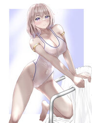  armlet barefoot breasts cleavage commentary_request competition_swimsuit covered_navel female large_breasts light_brown_hair looking_at_viewer mashinatsu one-piece_swimsuit original pool_ladder purple_eyes short_hair solo swimsuit wet wet_clothes wet_swimsuit white_one-piece_swimsuit white_towel 