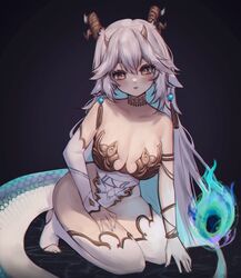  absurdres bare_shoulders black_background blue_nails breasts brown_eyes cleavage colored_inner_hair dragon_girl dragon_horns dragon_tail female fiery_tail highleg highleg_leotard highres horns indie_virtual_youtuber large_breasts leaning_forward leotard long_hair looking_at_viewer multicolored_hair multicolored_tail multiple_horns pointy_ears seiza sitting sky_above_me solo tail thighhighs vei_(vtuber) vei_(vtuber)_(sky_empress) very_long_hair virtual_youtuber white_hair white_thighhighs 