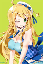  ahoge argyle_clothes argyle_shirt bare_shoulders blonde_hair blue_necktie blue_ribbon blue_shirt blush breasts cleavage closed_mouth collar female green_background green_eyes hat hat_ornament hat_ribbon highres hoshii_miki idolmaster idolmaster_(classic) idolmaster_million_live! idolmaster_million_live!_theater_days long_hair looking_at_viewer medium_breasts navel necktie one_eye_closed ribbon shirt short_necktie simple_background sleeveless sleeveless_shirt smile solo star_(symbol) star_hat_ornament twinkle_star_(idolmaster) twitter_username upper_body white_collar white_hat yamaguchi_shinnosuke 