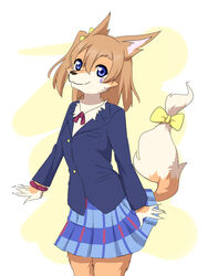  3:4 animal_humanoid anthro blue_eyes bottomwear bow_ribbon canid canid_humanoid canine canine_humanoid clothing digital_media_(artwork) digital_painting_(artwork) female fox_humanoid fur hi_res honoka_kousaka humanoid jacket love_live! love_live!_school_idol_project mammal mammal_humanoid pattern_bottomwear pattern_clothing pattern_skirt school_uniform simple_background skirt snout solo topwear trzk_kyr uniform wristband 