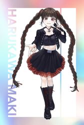  absurdres belt black_belt black_choker black_footwear black_skirt blunt_bangs boots braid brown_hair choker collarbone danganronpa_(series) danganronpa_v3:_killing_harmony earrings female harukawa_maki highres holding holding_microphone jacket jewelry knee_boots kudo_(kddrv3) long_hair microphone midriff miniskirt mole mole_under_eye multicolored_background nail_polish open_clothes open_jacket parted_lips red_eyes red_hair red_nails red_skirt skirt smile solo teeth twin_braids twintails two-tone_skirt unbuttoned_jacket very_long_hair white_background 