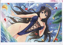  absurdres bare_arms bare_shoulders black_hair blue_eyes blue_sky bow bowtie breasts cleavage cloud cloudy_sky cross-laced_clothes female floating floating_object hair_ornament halo hand_on_own_chest highleg highleg_swimsuit highres long_hair looking_at_viewer medium_breasts ocean official_art one-piece_swimsuit page_number palm_tree petals ryouki_(senran_kagura) scan senran_kagura senran_kagura_new_link shiny_skin sky smile solo sun sunlight swimsuit thighs tree wading water water_drop yaegashi_nan 