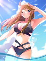  absurdres ahoge arm_up armpits bare_shoulders bikini black_bikini blue_eyes blue_sky blurry blurry_foreground blush breasts brown_hair cleavage cloud collarbone cowboy_shot day dot_nose female from_below highres idolmaster idolmaster_million_live! idolmaster_million_live!_theater_days large_breasts long_hair looking_at_viewer navel one_eye_closed outdoors outstretched_arm parted_lips partially_underwater_shot salute sky smile soeji solo standing sunlight swept_bangs swimsuit tokoro_megumi wading water_drop 