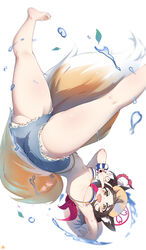  alternate_costume animal_ear_fluff animal_ears armpits ass barefoot bead_bracelet beads bikini bikini_under_shorts blue_archive blue_bikini blue_shorts bracelet breasts brown_hair buttons commentary denim denim_shorts double-breasted feet_out_of_frame female fox_ears fox_girl fox_shadow_puppet fox_tail hair_ornament halo handstand highres izuna_(blue_archive) izuna_(swimsuit)_(blue_archive) jewelry keyfanjun kneepits looking_at_viewer medium_breasts micro_shorts navel ninja oerba_yun_fang official_alternate_costume one_arm_handstand open_mouth panties panty_peek pink_halo pom_pom_(clothes) pom_pom_hair_ornament rope scrunchie shimenawa shorts simple_background single_bare_arm skin_fang smile solo somersault stomach striped_bikini striped_clothes swimsuit tail thighs underboob underwear upshorts water_drop white_background wrist_scrunchie yellow_eyes 