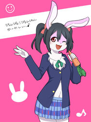  3:4 animal_humanoid anthro bottomwear bow_ribbon buckteeth carrot chest_tuft clothing female food fur hi_res humanoid jacket lagomorph lagomorph_humanoid leporid_humanoid love_live! love_live!_school_idol_project mammal mammal_humanoid nico_yazawa one_eye_closed open_mouth pattern_bottomwear pattern_clothing pattern_skirt pink_background pink_body pink_fur plant rabbit_humanoid raised_arm red_eyes school_uniform simple_background skirt solo symbol teeth topwear trzk_kyr tuft uniform vegetable wink 