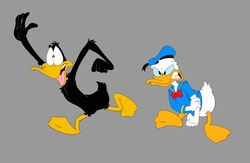  anatid angry anseriform anthro avian beak bird black_body black_feathers bottomless clothed clothing crossover daffy_duck disney donald_duck duck duo feathers hat headgear headwear hi_res looney_tunes male open_mouth scottforester17 simple_background warner_brothers white_body yellow_beak 