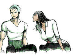  1boy bad_id bad_pixiv_id bandana bandana_around_arm black_hair black_pants blunt_bangs closed_mouth dark-skinned_female dark_skin earrings female green_hair haramaki jewelry long_hair nico_robin one_piece pants roronoa_zoro shirt short_hair short_sleeves signature simple_background sitting tazan white_background white_shirt 